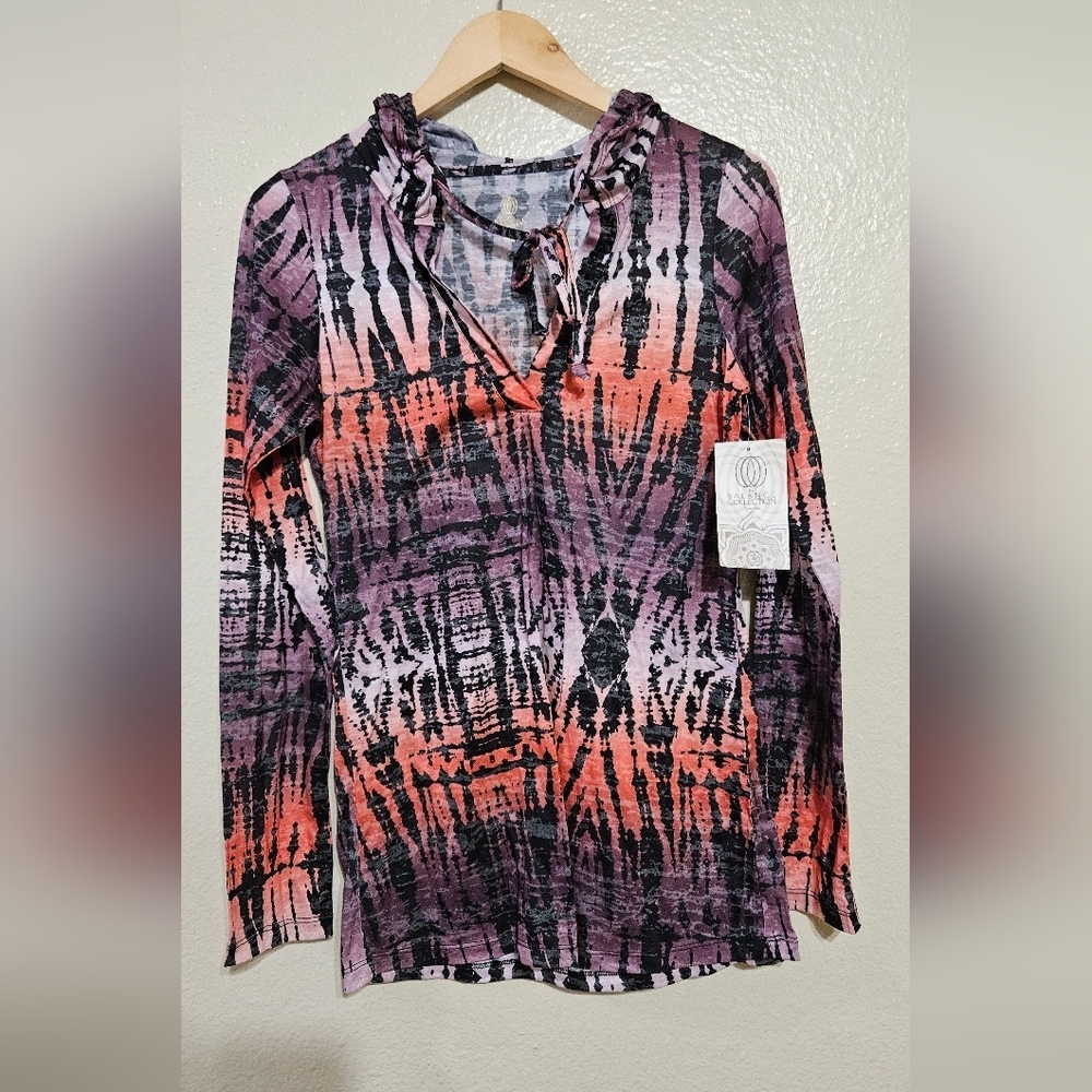 Balance Collection Black and Pink Long Sleeve Tie Front Blouse
